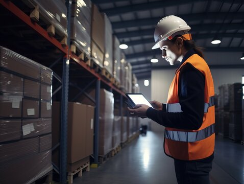 Modernes Lagermanagement, Manager und Mitarbeiter mit Tablets und Technologie-Schnittstelle in wei&szlig;er Industriehalle, generative AI.