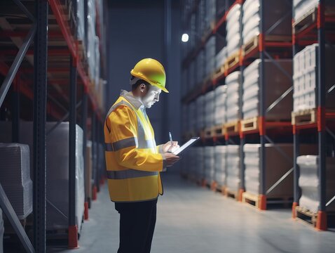 Modernes Lagermanagement, Manager und Mitarbeiter mit Tablets und Technologie-Schnittstelle in wei&szlig;er Industriehalle, generative AI.