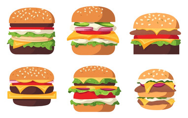 set vector illustration of homemade big juicy hamburger isolated on white background