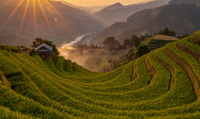 Sunset in Mu Cang Chai terraces, Vietnam. 