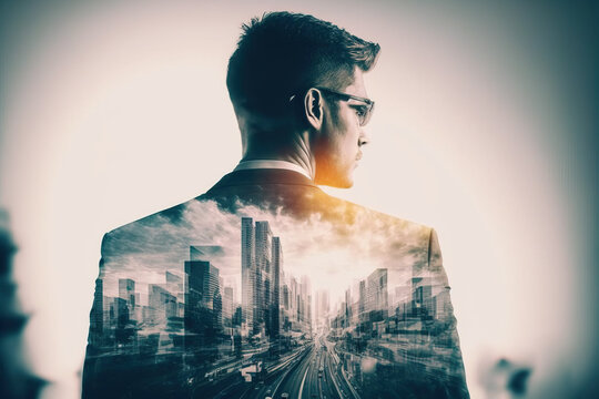Ambitious businessman portrait plan financial or real estate strategy with double exposure urban cityscape skyscraper background as concept for commercial district concept. Flawless Generative AI.