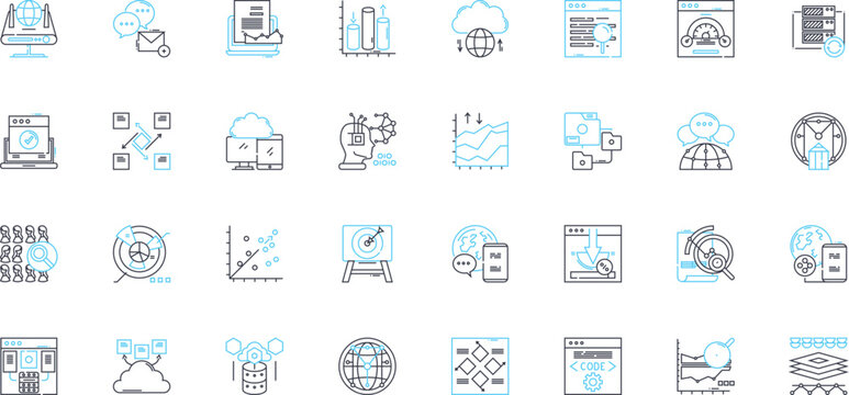 Web creation linear icons set. Design, Development, HTML, CSS, JavaScript, Bootstrap, UI line vector and concept signs. UX,Code,Responsive outline illustrations