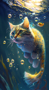 Cat underwater diving, big bubbles,  Fluffy cat swimming under water, generative ai