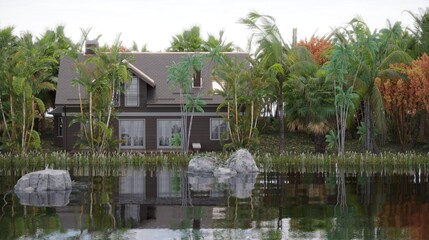 Fototapeta premium house in the jungle on the river bank, 3D illustration, cg render