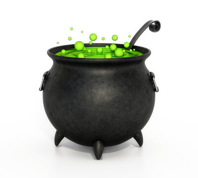 Witch cauldron full of green bubbling liquid isolated on white background. 3D illustration