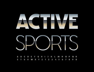 Vector creative Emblem Active Sports. Modern metallic Font. Silver Alphabet Letters and Numbers set