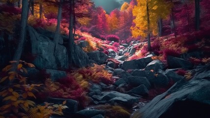 Fototapeta na wymiar a UV image of an autumn-colored Canadian forest near a waterfall valley. Chiaroscuro. AI generator