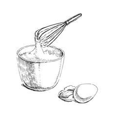 Vector hand-drawn illustration of beaten eggs in a bowl, isolated on a white background. The process of cooking in the style of a sketch.