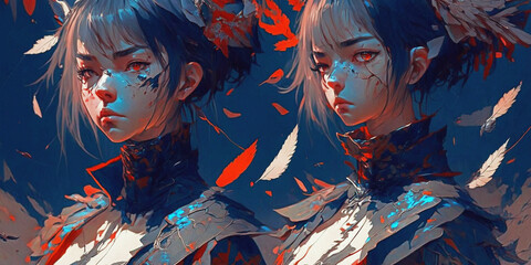Two anime style women on dark blue background AI generation