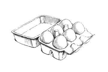 Vector hand-drawn vintage illustration of a cardboard box with six white eggs in the style of engraving. A sketch of a natural fresh product in a package. - 595221752