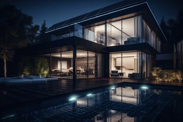 Contemporary residence with pool and solar panels illuminated in darkness. Generative AI