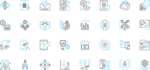 Financial innovation startup linear icons set. Fintech, Disruption, Cryptocurrency, Blockchain, Automation, Algorithm, Crowdfunding line vector and concept signs. Peer-to-peer,Mobile,Cloud outline