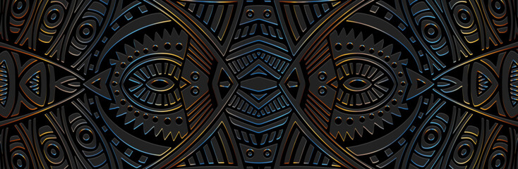 Banner, fantasy cover design. Embossed ethnic shiny 3d tribal boho pattern, ornaments. Geometric black background, press paper. Abstract oriental, indonesian, mexican, aztec style.