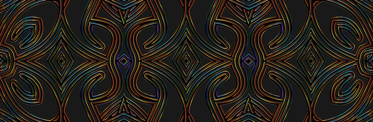 Banner, fantasy cover design. Embossed ethnic shiny 3d tribal boho pattern, ornaments. Geometric black background, press paper. Vintage oriental, indonesian, mexican, aztec style.