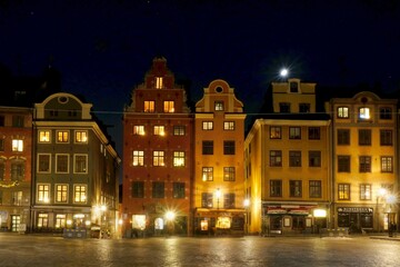 Fototapeta na wymiar Beautiful scenery of illuminated Stockholm by night. Stortorget square in the Old Town. Gamla Stan, Sweden