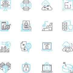 Fraud prevention linear icons set. Security, Verification, Authentication, Trust, Compliance, Detection, Prevention line vector and concept signs. Validation,Monitoring,Analysis outline illustrations