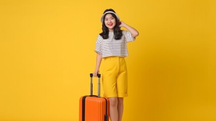 Detailed photo of a young Asian woman wearing colorful clothing. Enjoy the journey with your luggage, gorgeous smile, pleasant expression, and yellow background while gazing into the camera. AI genera