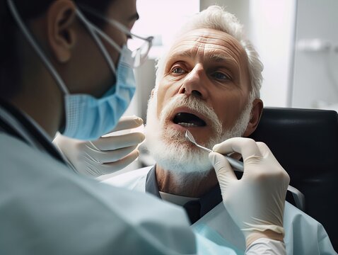 Ein alter Mann während der ärztlichen Untersuchung mit männlichem Zahnarzt in der Zahnarztpraxis, Generative AI