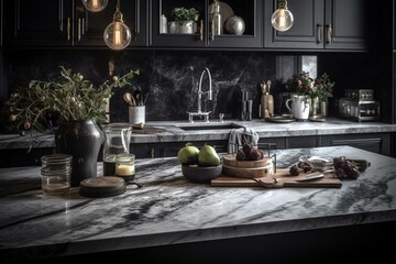 Fototapeta na wymiar Kitchen countertops made of quartz and marble. Generative AI