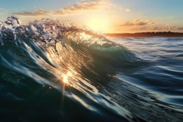 Translucent Curling Ocean Wave at Sunset Sunrise Background Image	
