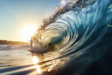 Translucent Curling Ocean Wave at Sunset Sunrise Background Image	
