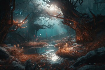 Fototapeta na wymiar Abstract fantasy woods backdrop. Generative AI