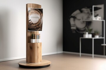 Curved totem advertising display stand with 3D poster model and light on white background. Generative AI