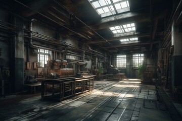 Fototapeta na wymiar HDRI equirectangular panorama of grungy industrial interior. 3D rendered illustration. Generative AI
