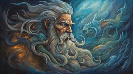 Painting of the deity Poseidon.  AI generator - obrazy, fototapety, plakaty