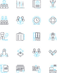 Administrative duty linear icons set. Management, Organization, Documentation, Coordination, Scheduling, Communication, Prioritization line vector and concept signs. Efficiency,Multitasking