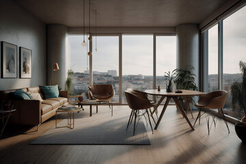 Obraz na płótnie Canvas interior, room, home, table, furniture, design, chair, architecture, window, floor, apartment, living, urban living, photorealistic, highrise apartment, stunning views, modern amenities, sophisticated