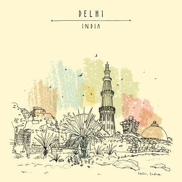 Vector Qutub Minar (Qutab Minar, Qutb Minar) hand drawn touristic postcard. New Delhi, India, Asia. Muslim heritage victory tower. Hand drawn cityscape sketch. Travel sketch art. Vintage artistic post