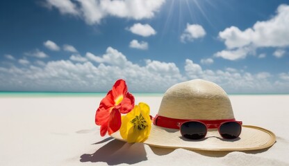 AI Generative. AI Generated. Macro photo shot of realistic hat with sunglasses. Beach adventure paradise tropical relax vacation vibe. Graphic Art