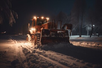 Fototapeta na wymiar Snowy night plowing snow. Generative AI