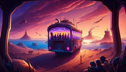 People riding a battle bus to a fantasy island