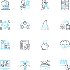 Equity market linear icons set. Stocks, Investments, Trading, Financial, Profit, Loss, Shareholders line vector and concept signs. Bullish,Bearish,Volatility outline illustrations