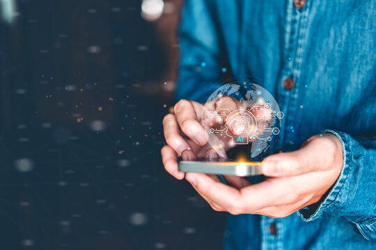 Businessman with smart  Artificial Intelligence (AI) digital transformation technology strategy intelligence internet of things(iot)  of technology enhancing global business capabilities.