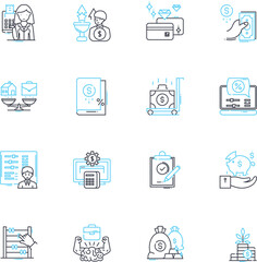 Cash management linear icons set. Budgeting, Lending, Forecasting, Credit, Reconciliation, Savings, Investment line vector and concept signs. Liquidation,Deposits,Allocation outline illustrations