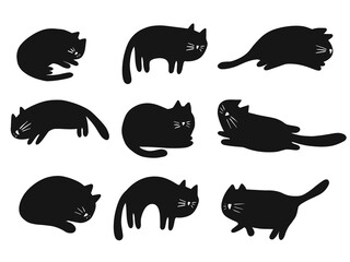 Collection of cats in different poses in a naive style. Illustration on transparent background