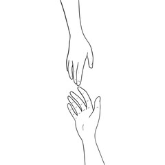 Two hands are drawn to each other. Outline hands. Illustration on transparent background