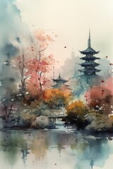 Fototapeta na wymiar Watercolor print showcasing a Japanese style landscape featuring a serene lake and majestic mountains, stunning addition to home decor and design - generative ai