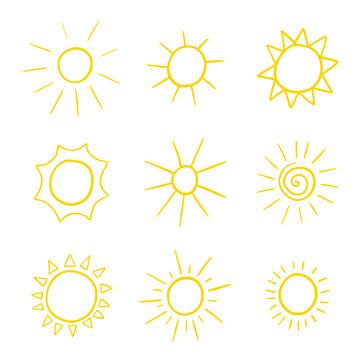 Collection of hand-drawn suns. Illustration on transparent background