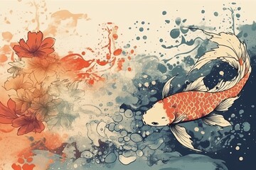 Oriental Japanese style abstract pattern background design with koi fish decorate in water color texture, 2023 chinese new year and spring festival, poster and greeting card template
