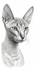 Drawing of a Oriental Cat. Cat head isolated on white background. Pencil, ink hand drawn realistic portrait. Generative AI.