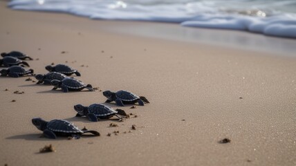 Obraz premium AI Generated. AI Generative. Macro shot of turtles running to the water ocean sea. Photo of national geography style. Graphic Art Illustration.