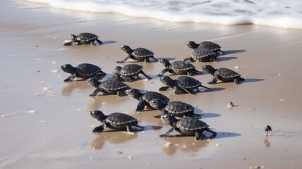 AI Generated. AI Generative. Macro shot of turtles running to the water ocean sea. Photo of national geography style. Graphic Art Illustration.