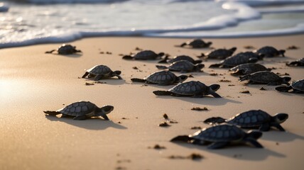 Obraz premium AI Generated. AI Generative. Macro shot of turtles running to the water ocean sea. Photo of national geography style. Graphic Art Illustration.