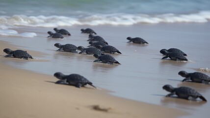 Fototapeta premium AI Generated. AI Generative. Macro shot of turtles running to the water ocean sea. Photo of national geography style. Graphic Art Illustration.