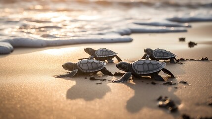 AI Generated. AI Generative. Macro shot of turtles running to the water ocean sea. Photo of national geography style. Graphic Art Illustration. - obrazy, fototapety, plakaty
