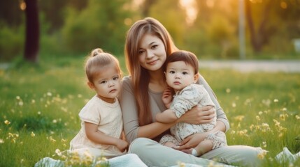 Happy mother holding babies in the park. Generative AI